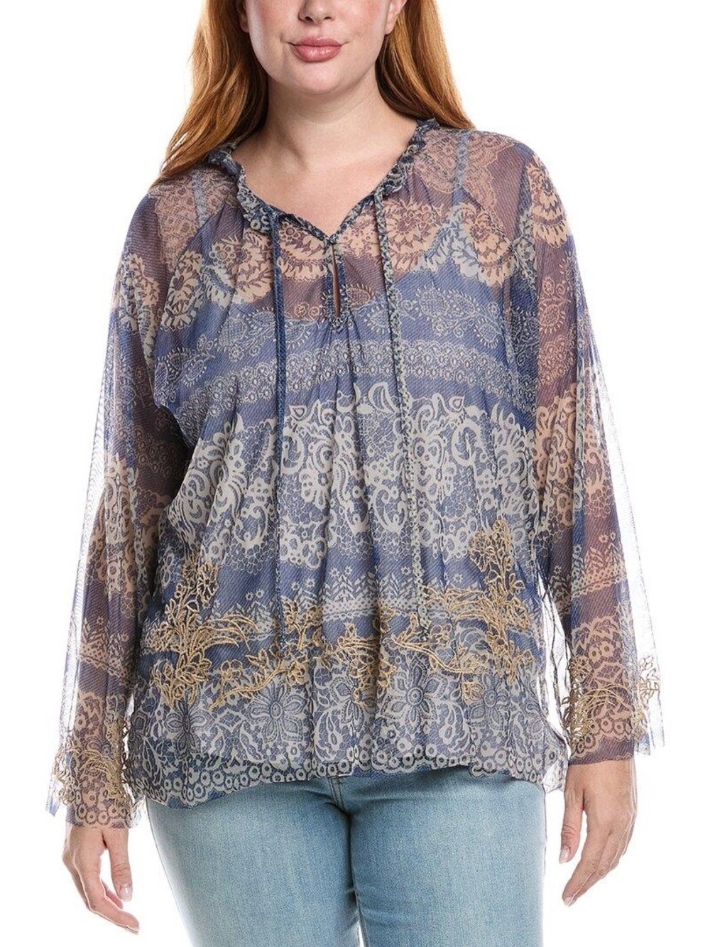 Biya Johnny Was Mazzy Blouse Long Sleeve Mesh Top Francis Blue Large